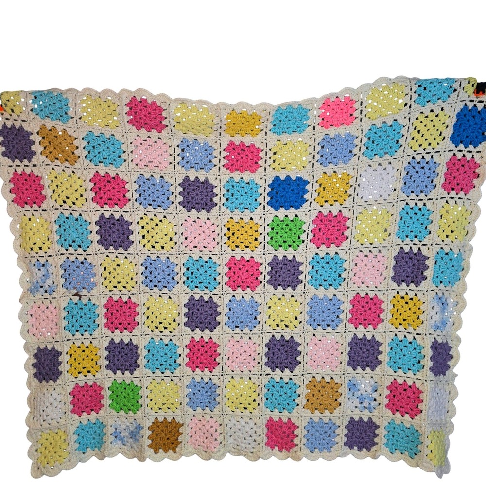 Vintage Handmade Crochet Granny Square Baby Afghan Blanket Multi Color 47x37